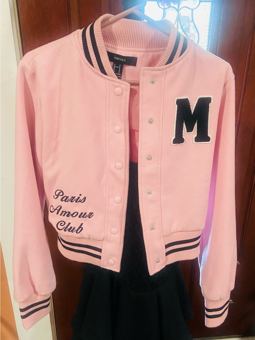 Forever 21 Pink Varsity Jacket with Black Trim & 'M' Patch